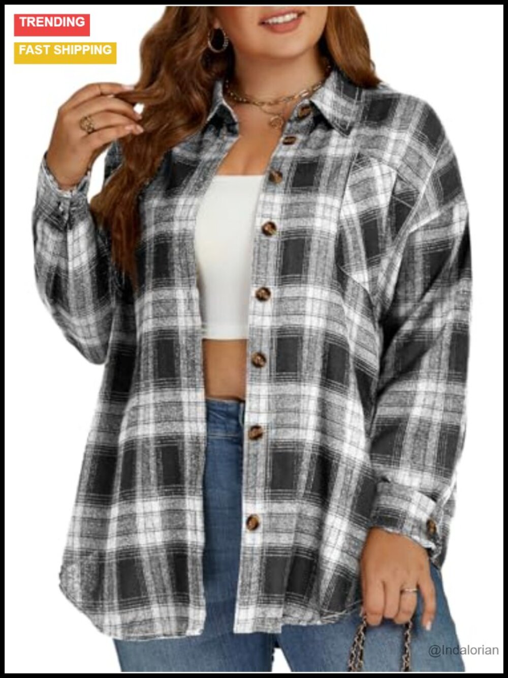 Plus Size Button Down Plaid Flannel Shirt Long Sleeve Tunic Blouse